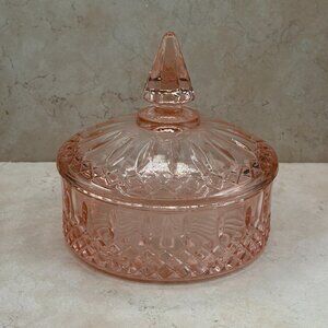 1920's-50s Vintage Indiana Glass Princess Pink Powder Box with Lid Diamond Point